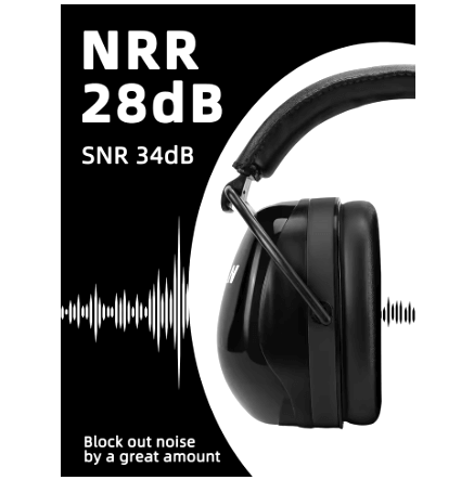 Adult Adjustable Noise Reducing Earmuffs, Black, 28 dB.