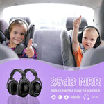 Two children ride in child's seats in the back of the car, wearing their Black Adjustable Noise Reducing Earmuffs.