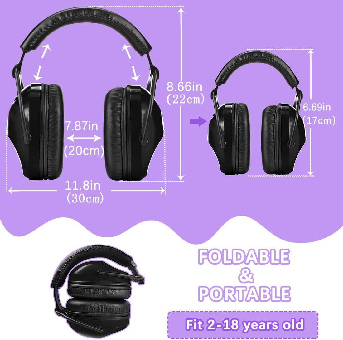 An infographic showing the dynamic dimensions of the Black Adjustable Noise Reducing Earmuffs.