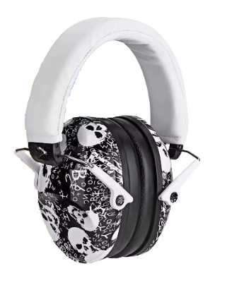 Skulls Noise Canceling Adjustable Earmuffs with White Headband.