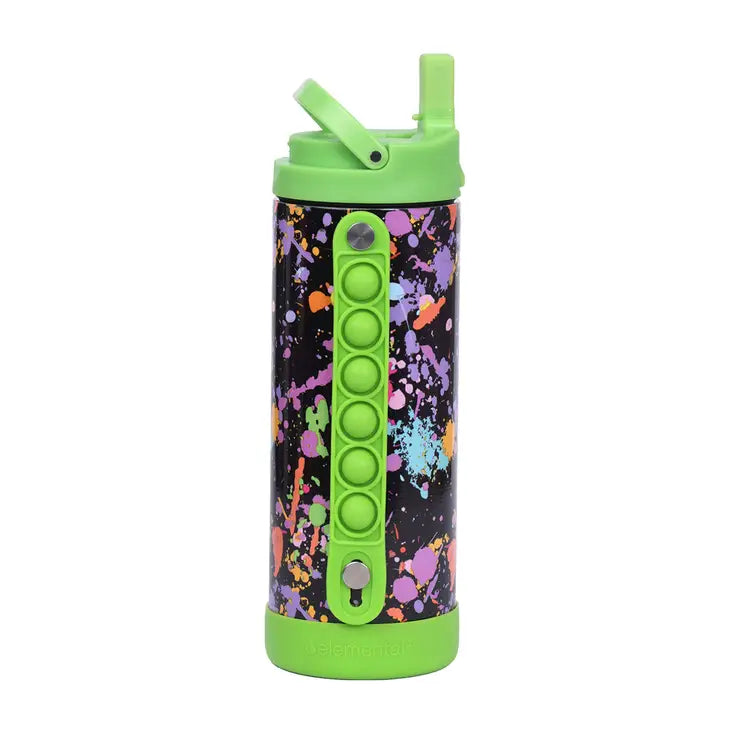 The Iconic Pop Bottle with Green Paint Splatter showcasing the silicone pop it handle.