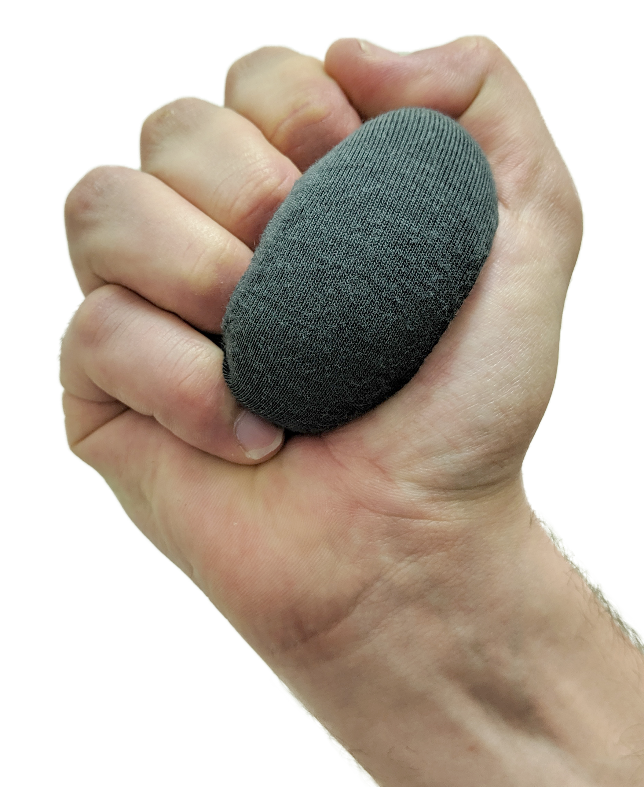 A hand with light skin tone is squeezing the Dark Grey Squeezibo.