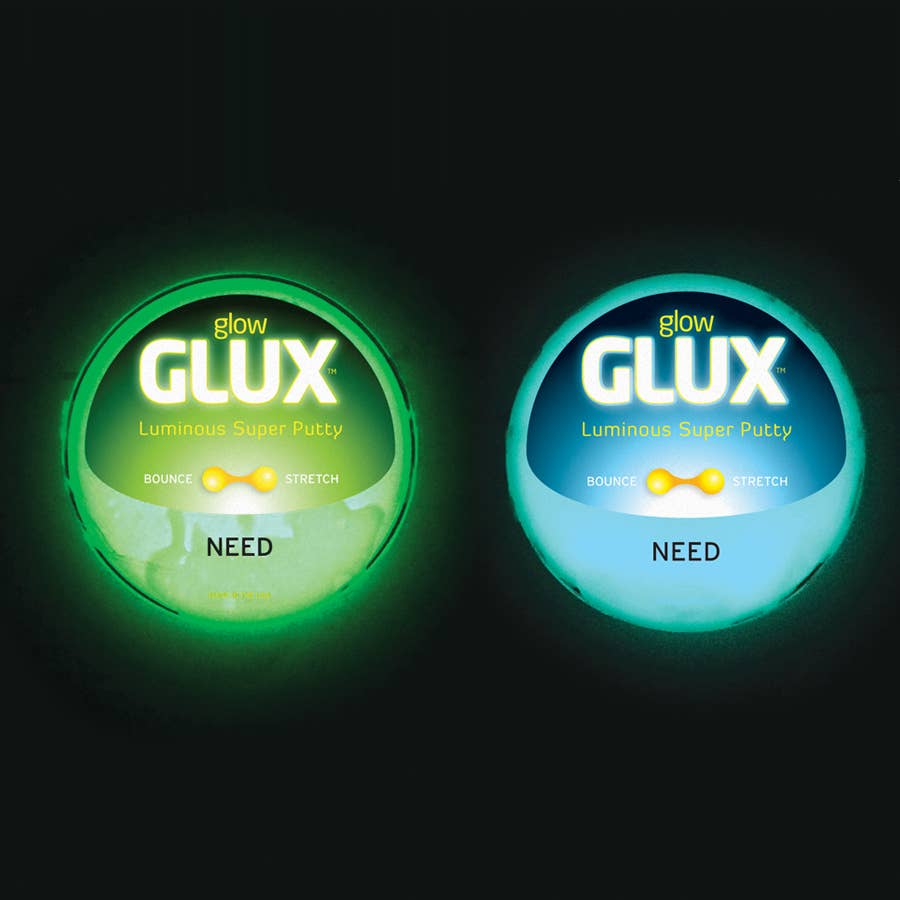 The green and blue variants of the megaGLUX GLOW COLLECTION glowing in the dark.