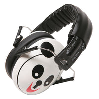 A pair of earmuffs with a cartoon panda design on the ear cup.
