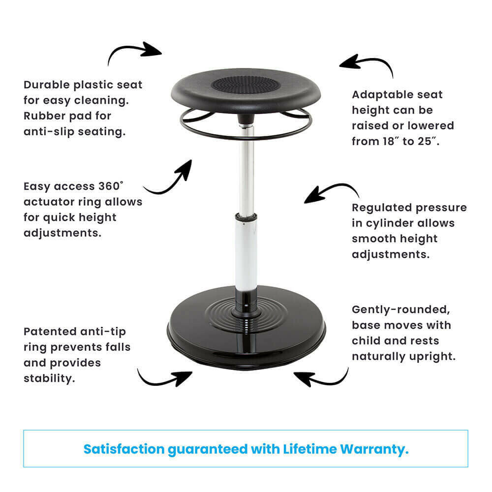 A list of the benefits of Teen Adjustable Hi-Rise Wobble Chair.