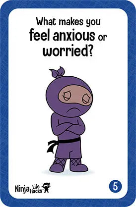 A purple ninja frowning and crossing their arms stands underneath the text: What makes you feel anxious or worried?