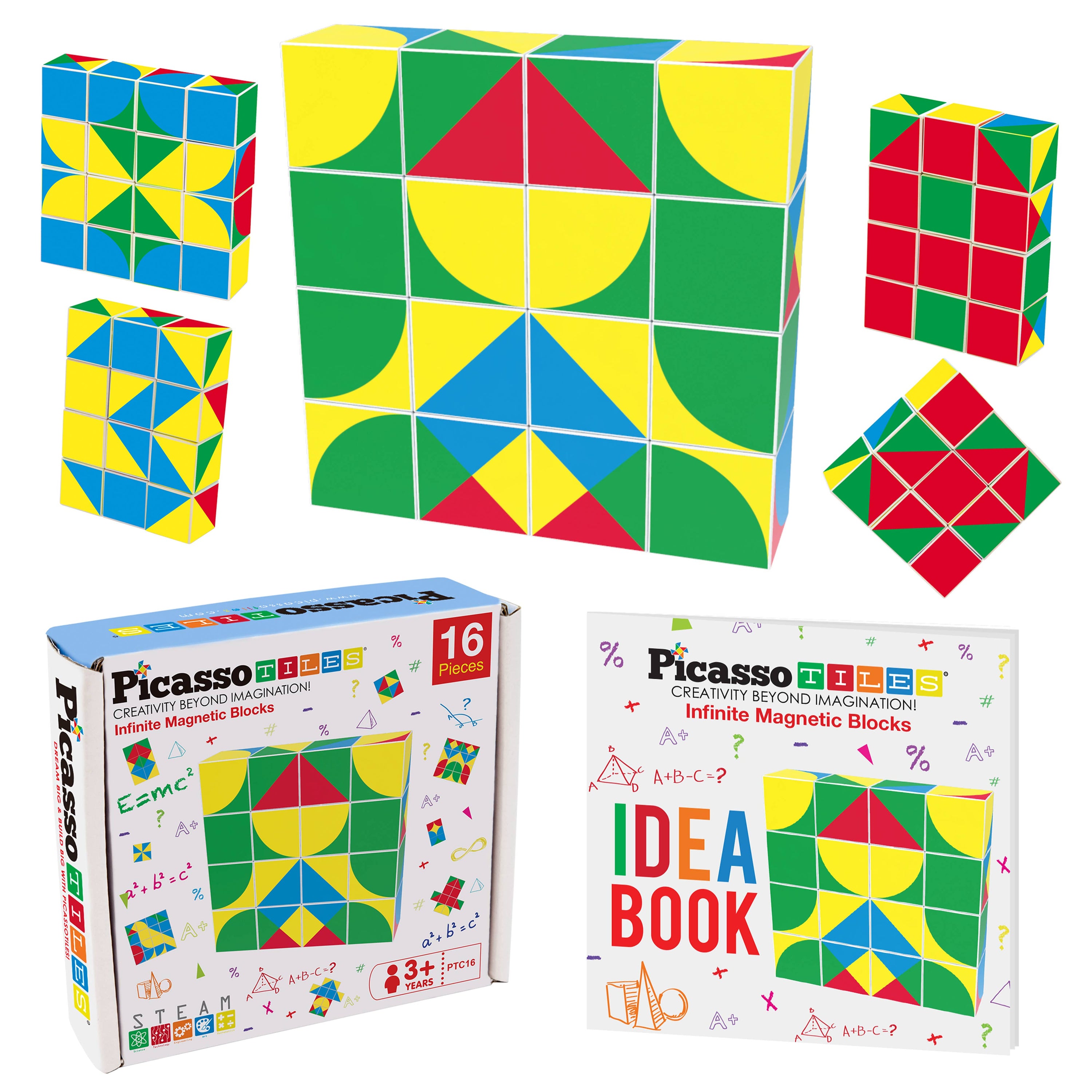 Several designs of the Infinite Magnetic Cube Set pictured above the product package and the Idea Book that is included.