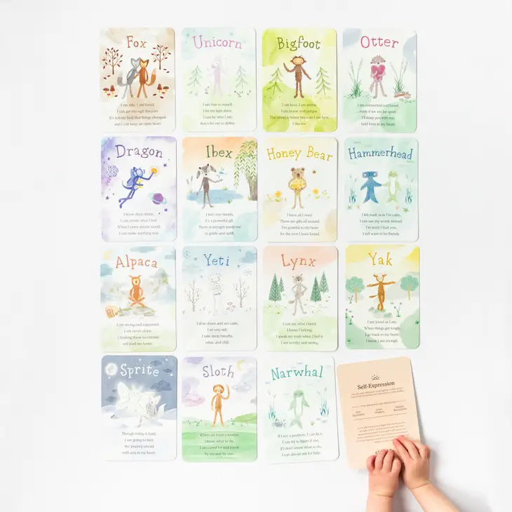 A display of the 15 Slumberkins Affirmation Cards.