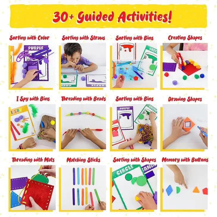 A preview of 12 of the guided activities that include: sorting with color, sorting with straws, sorting with bins, creating shapes, I Spy with Bins, threading with beads, sorting with bins, drawing shapes, threading with mats, matching sticks, sorting with shapes, and memory with buttons.