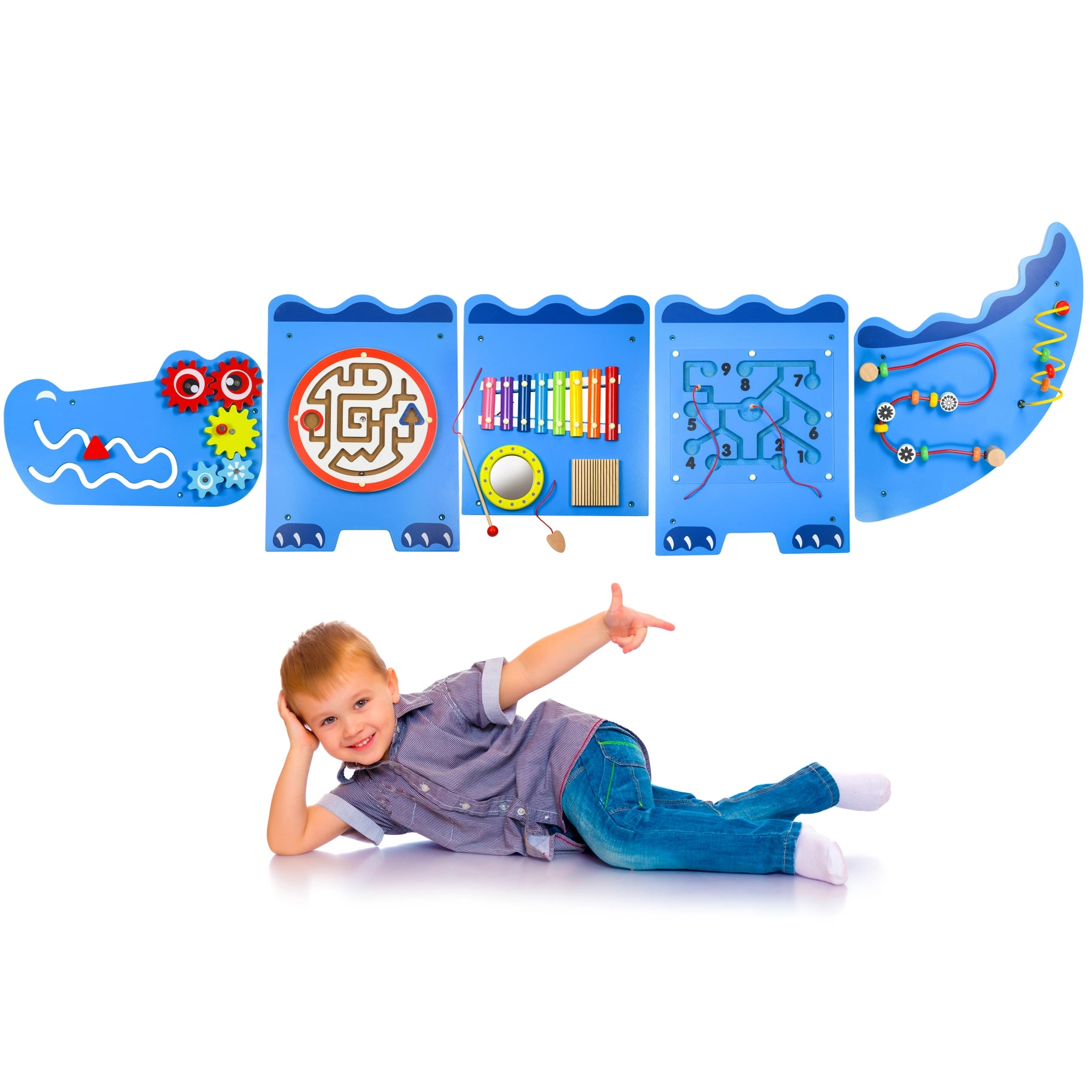 ShpilMaster Wooden Alligator Sensory Wall Mounted Learning Activity Center  For Playroom, Nursery, Preschool, and Doctors' Office