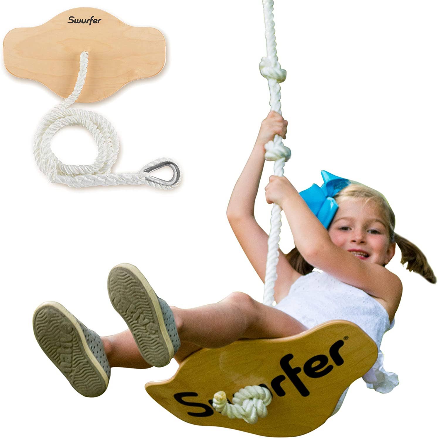 A picture of the Swurfer Swift next to a child with light skin tone and blonde pigtails swinging on it.