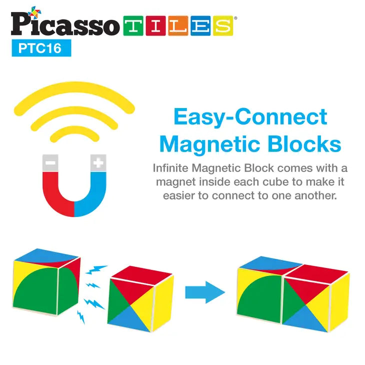 An image advertising that the Infinite Magnetic Cube Set consists of easy-connect magnetic blocks.