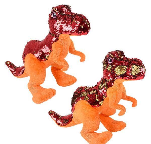 2 red and orange T-Rexes with sequins.