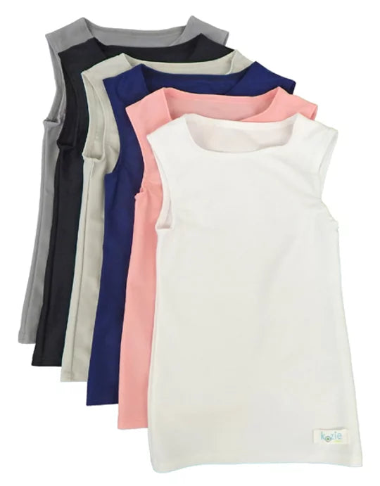 A display of the various colors of the sleeveless sensory compression shirt.