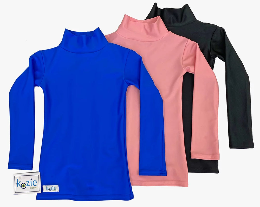 The three different colors of the Trendy Mock Turtleneck Long Sleeve Compression Shirt.