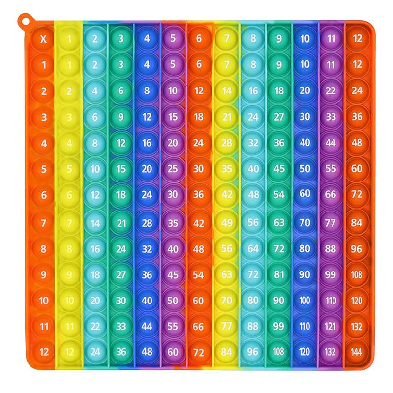 A square pop-it that is rainbow colored and is numbered with the multiplication tables of 1 through 12.