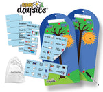 A display of the double sided board, 20 magnets, 50 stickers, dry erase marker, and travel bag.