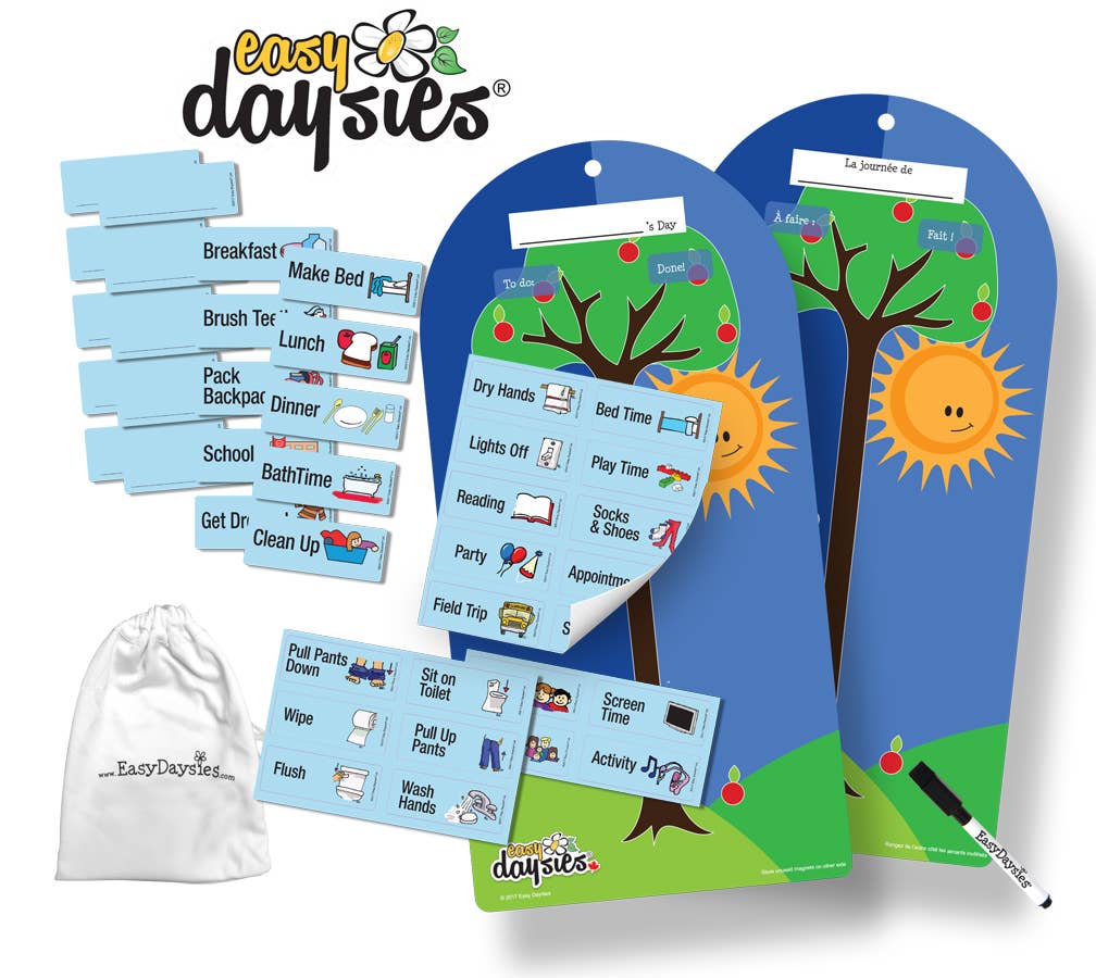 A display of the double sided board, 20 magnets, 50 stickers, dry erase marker, and travel bag.