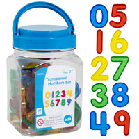 The product packaging for the Transparent Number Set with a display of the colors and numbers that come in the set.