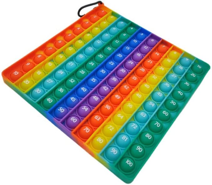 A rainbow colored square pop-it whose bubbles are numbered 1 to 100.
