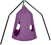 The HugglePod HangOut Nylon Hanging Tent hanging from the Family HangOut Swing Stand.