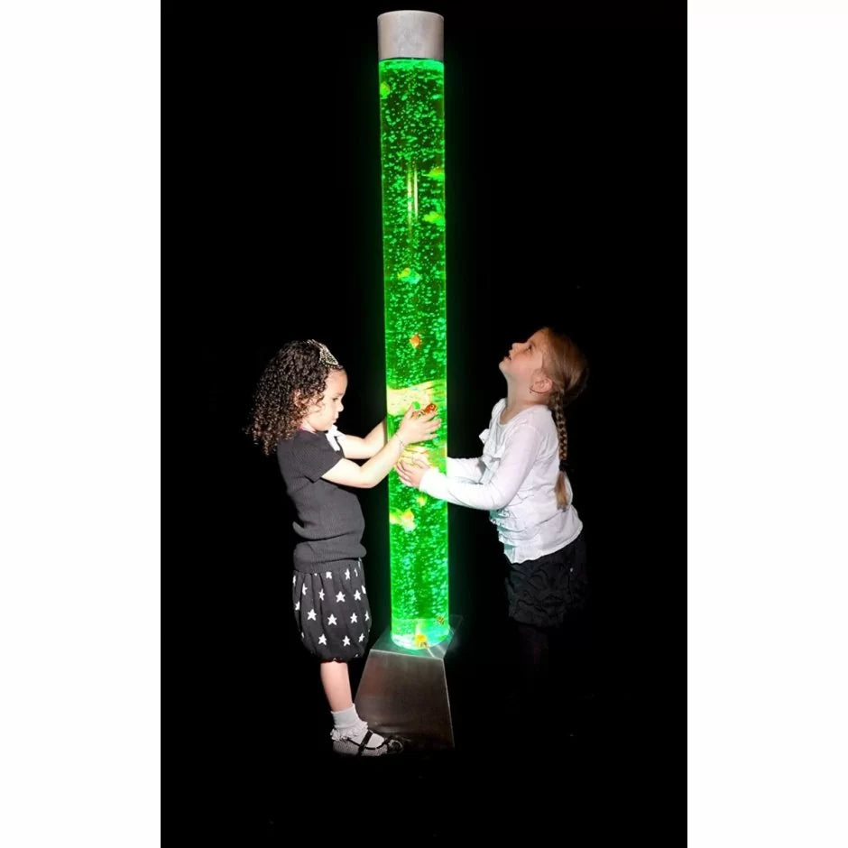 Two children stand on opposite sides of the Bubble Tube Aquarium and their hands are touching the tube.
