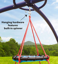 Text pointing to a piece of hardware that says, "Hanging hardware features built-in spinner."