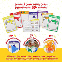 A preview at the 7 activity cards and the instruction booklet that come with the Colors and Shapes Sensory Activity Kit.