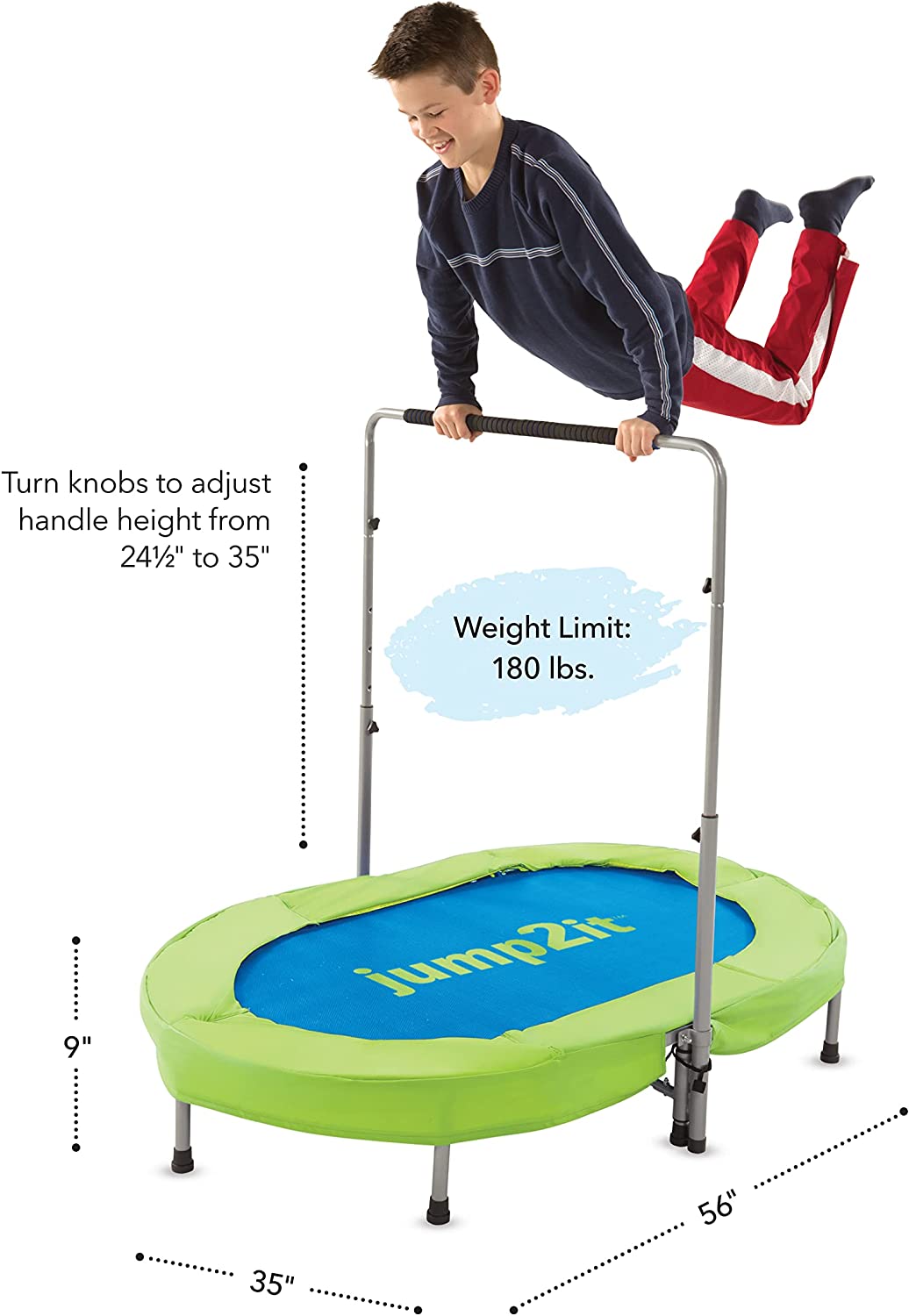 A child with light skin tone and short brown hair is holding onto the handlebars of the Jump2It  Trampoline. Their body is almost horizontal and they are looking down and smiling. The text shows the dimensions of the trampoline and the weight limit.