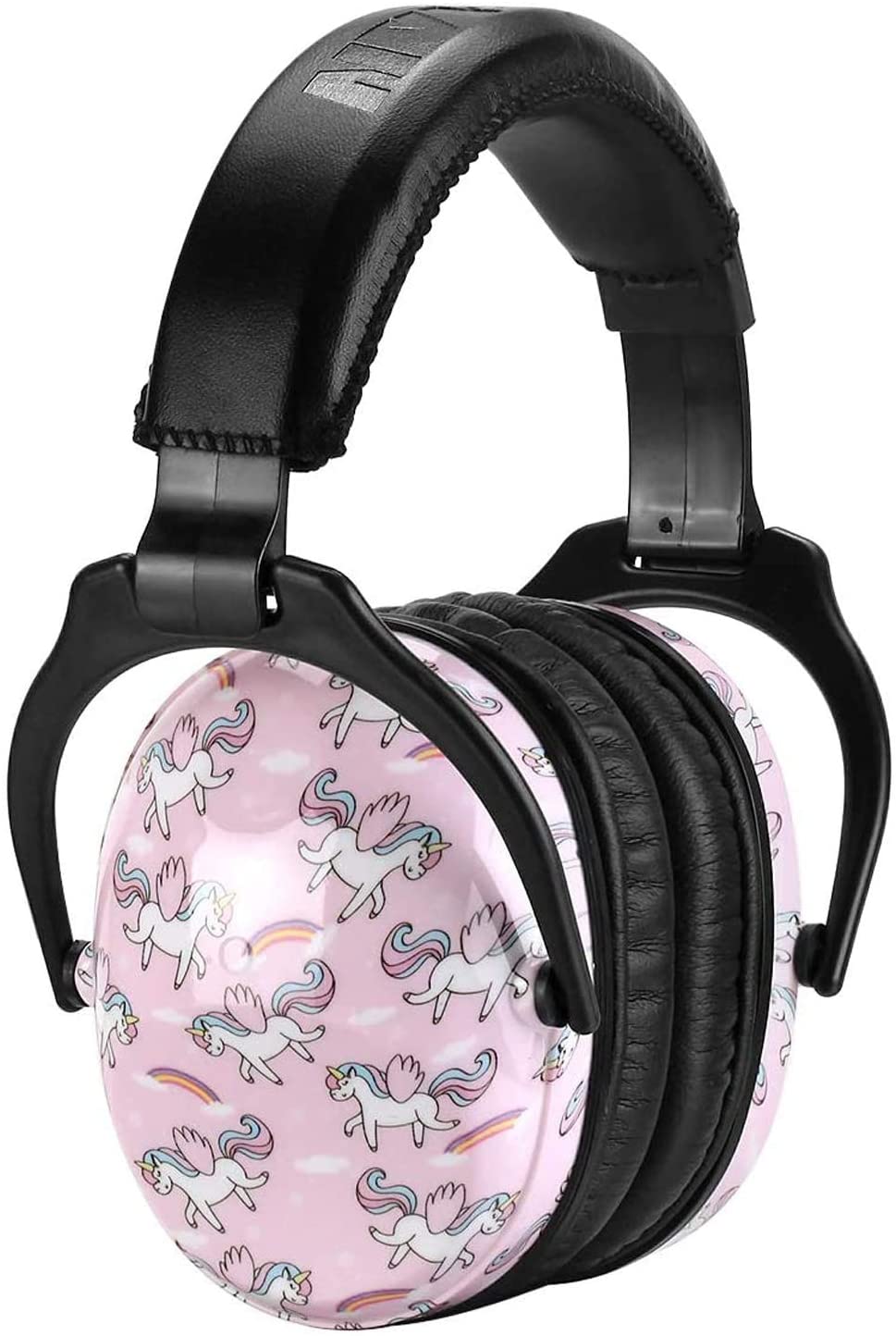 A pair of noise protection earmuffs that are light pink and have unicorns illustrations.