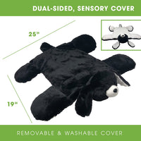 A presentation of the dimensions of the Barmy Weighted Lap Dog with the text: Dual-sided, sensory cover. Removable and washable cover.