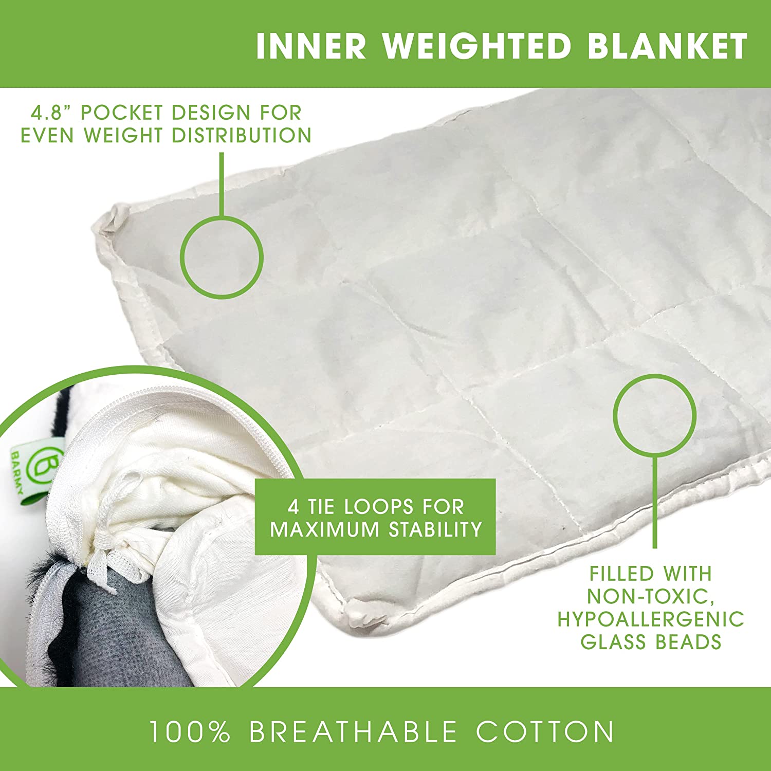 A picture that demonstrates what the inside of the Barmy Weighted Lap Animals look like. The text reads: Inner Weighted Blanket; 4.8" pocket design for even distribution; 4 tie loops for maximum stability; Filled with non-toxic hypoallergenic glass beads; 100% breathable cotton.