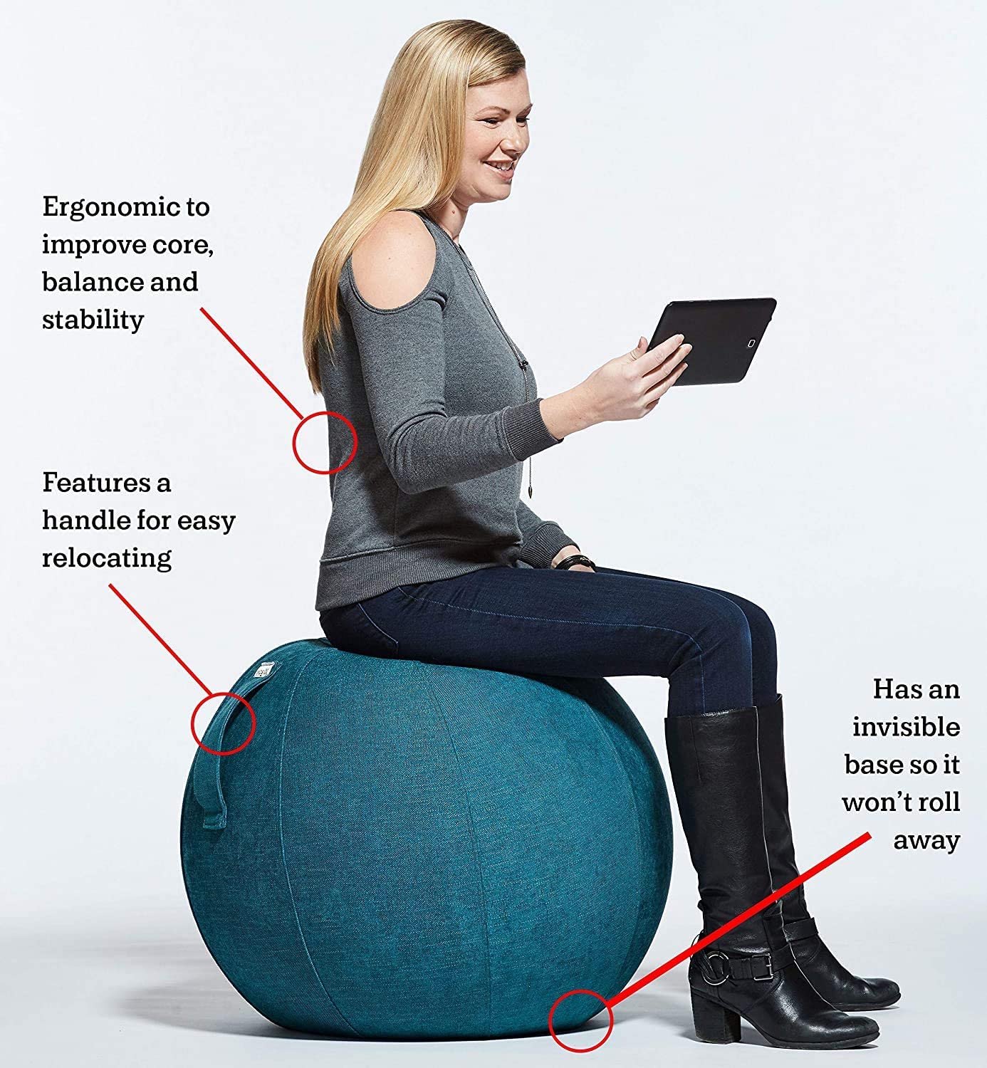 A person with light skin tone and long blonde hair sits on a Blue YogaBo while looking at a tablet. There is a list of benefits for the YogaBo.