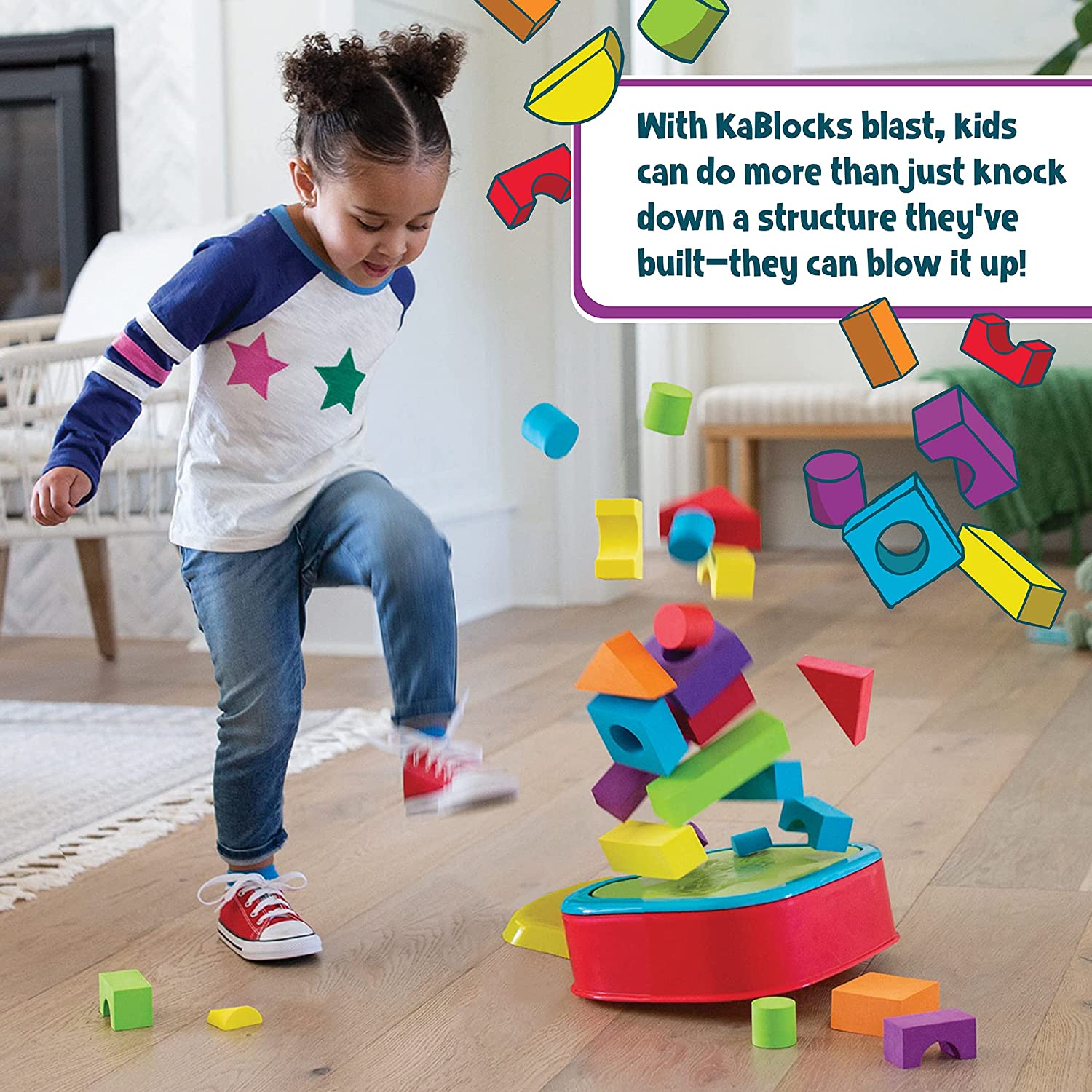 A child with medium skin tone and dark brown pigtails is stomping their food onto the lever on the platform. An explosion of blocks is tipping the platform slightly towards the child as pieces fly into the air.