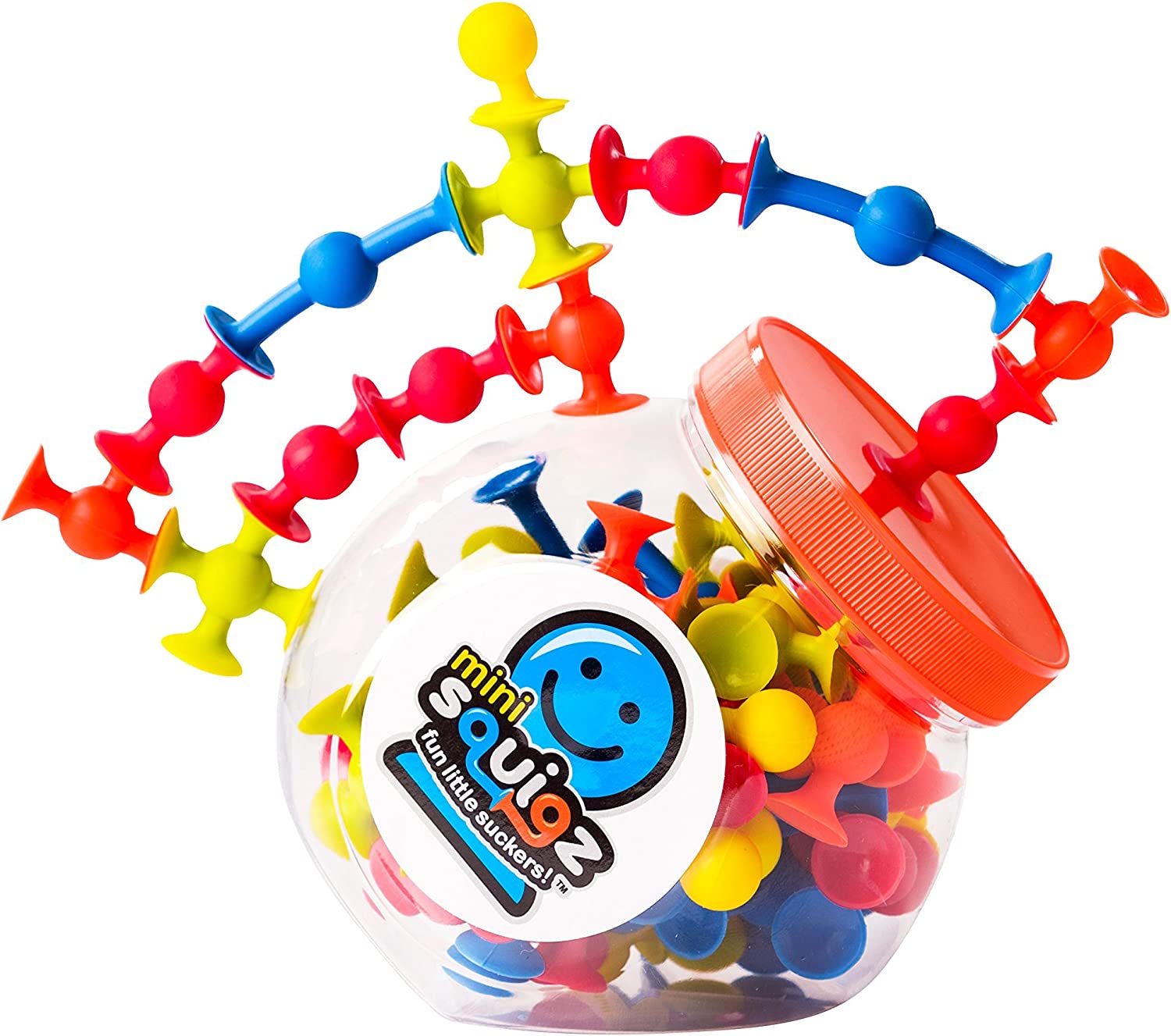 The product container for Mini Squigz with several of the Minis connected in a fun design across the top.