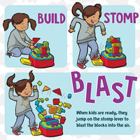 An illustration of a child with medium skin tone and brown pigtails building, stomping, and blasting. Text reads: When kids are ready, they jump on the stomp level to blast the blocks into the air.