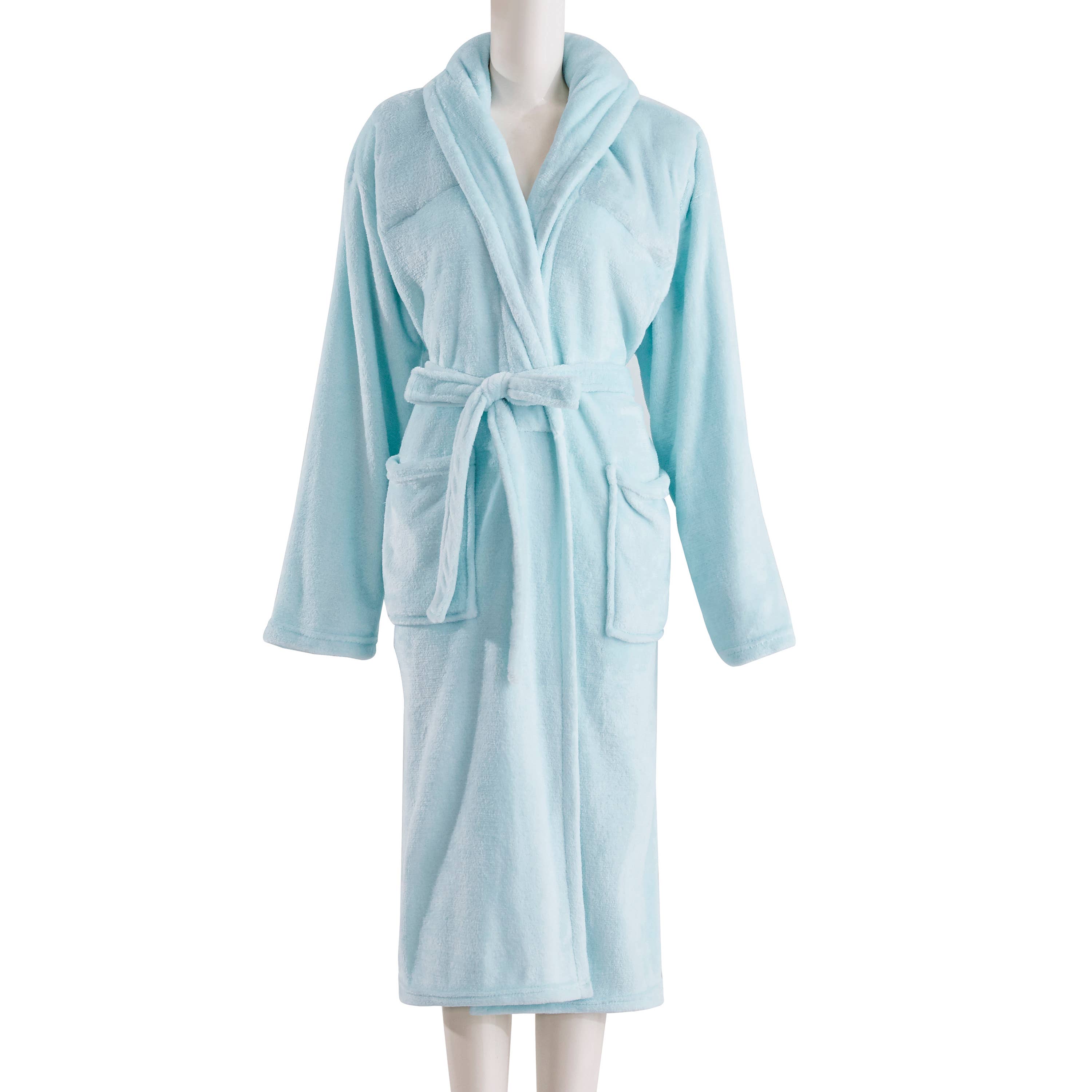 A light blue robe is modeled on a mannequin.