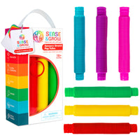 The product box for 6-Pack Sensory Pop Tubes next to the six colors of pop tube.