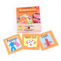 The front of a pack of ReStickables with three examples of the stickers.