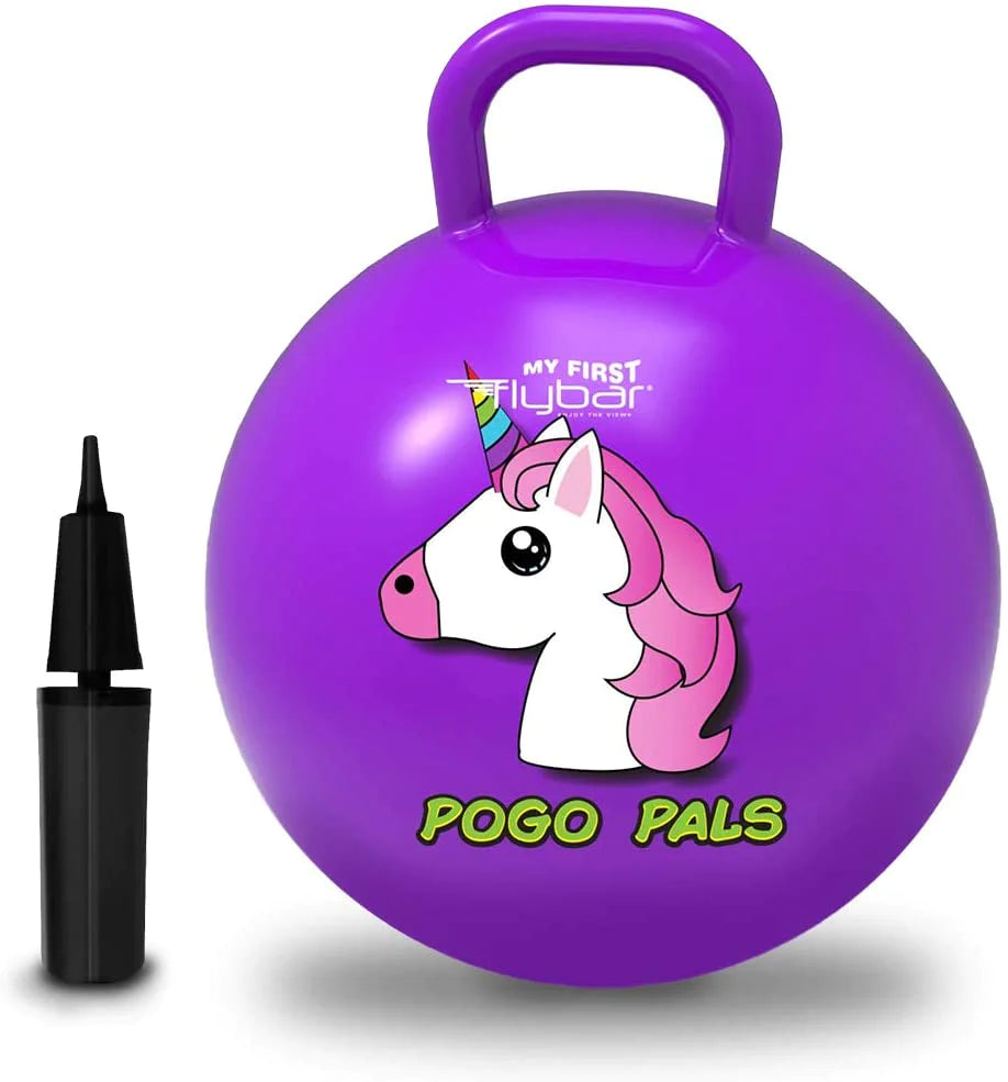 A purple Hopper Ball with Ursula the Unicorn next to an air pump.