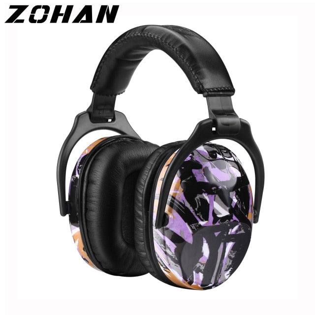 A pair of noise reducing earmuffs with a purple graffiti design.