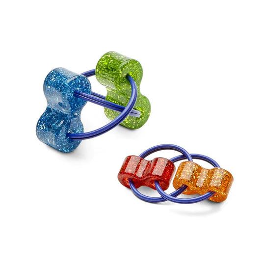 The green and blue and orange and red Loopeez Fidget Toys.