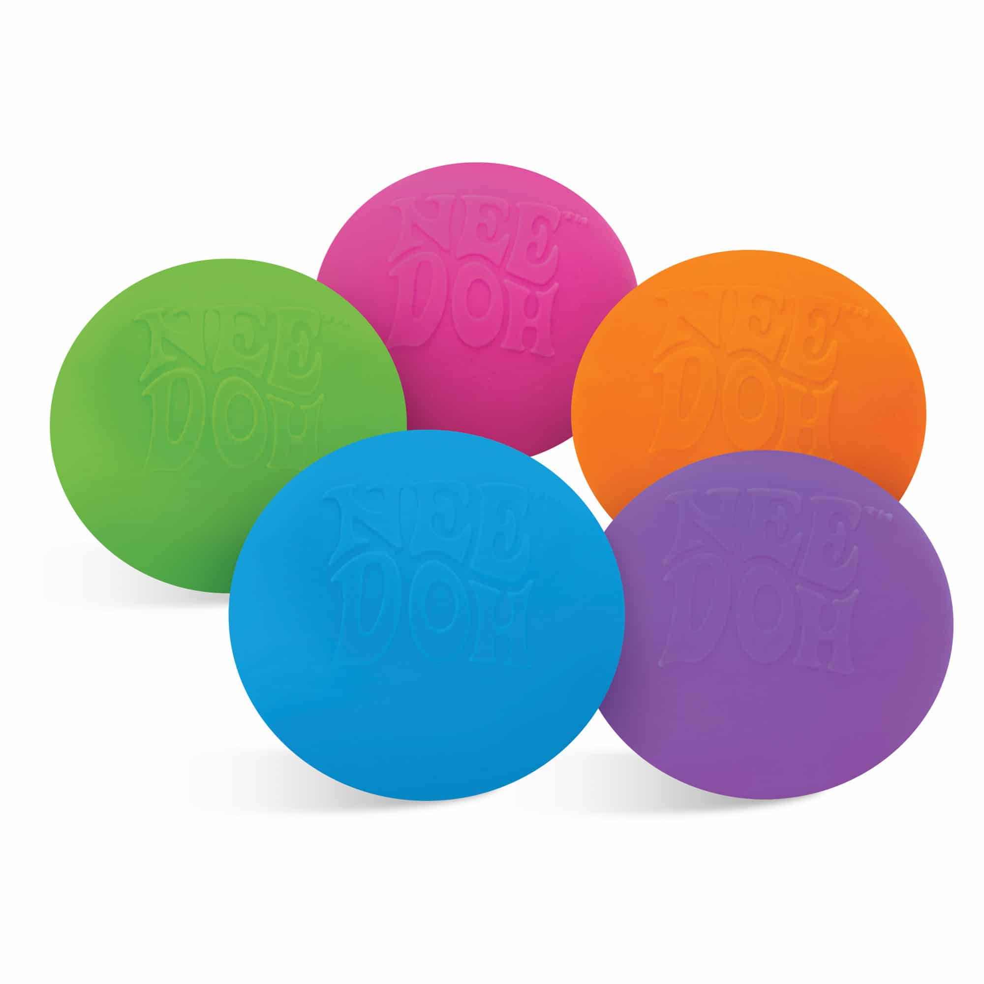 All five colors of the Nee Doh balls are sitting in a circle.