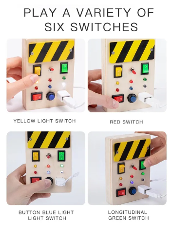 A display that says "Play a variety of six switches," and then lists the yellow light switch, red switch, button blue light switch, and the longitudinal green switch.