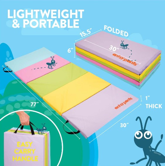 An infographic displays how lightweight and portable the Antsy Pants Tumbling Mat is.