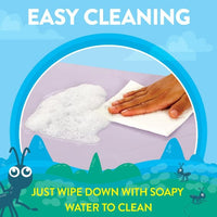 An infographic displays how easy-to-clean the Antsy Pants Tumbling Mat is.