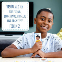 A child with dark skin tone and short black hair is holding up a My Feelings Flaschcard with a black boy on it. The text reads: Visual Aid for Expressing Emotional, Physical, and Cognitive Feelings.