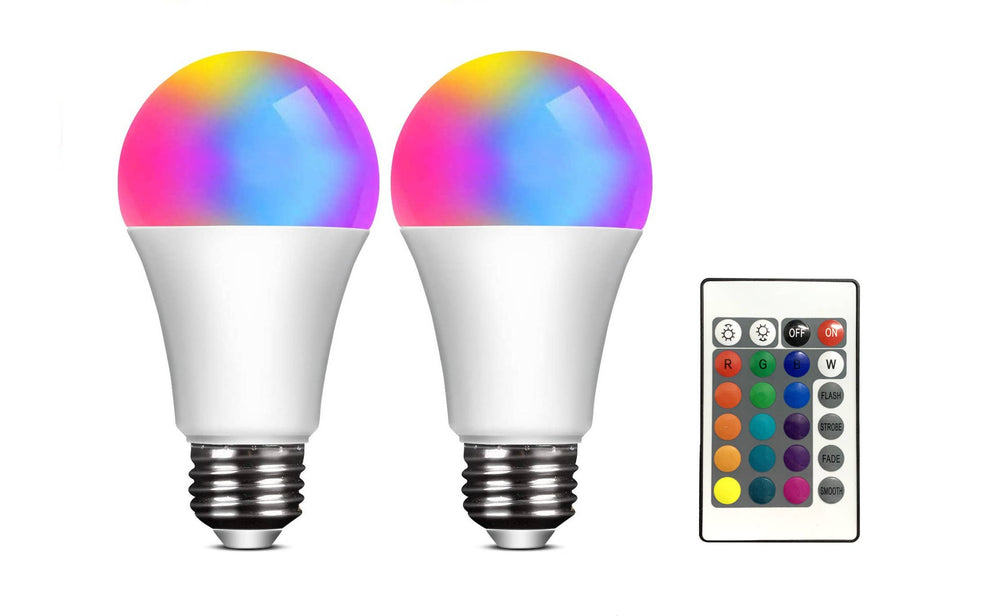 Two Multi-Color LED Bulbs and the remote control.
