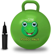 A green Hopper Ball with Frankie the Frog next to an air pump.
