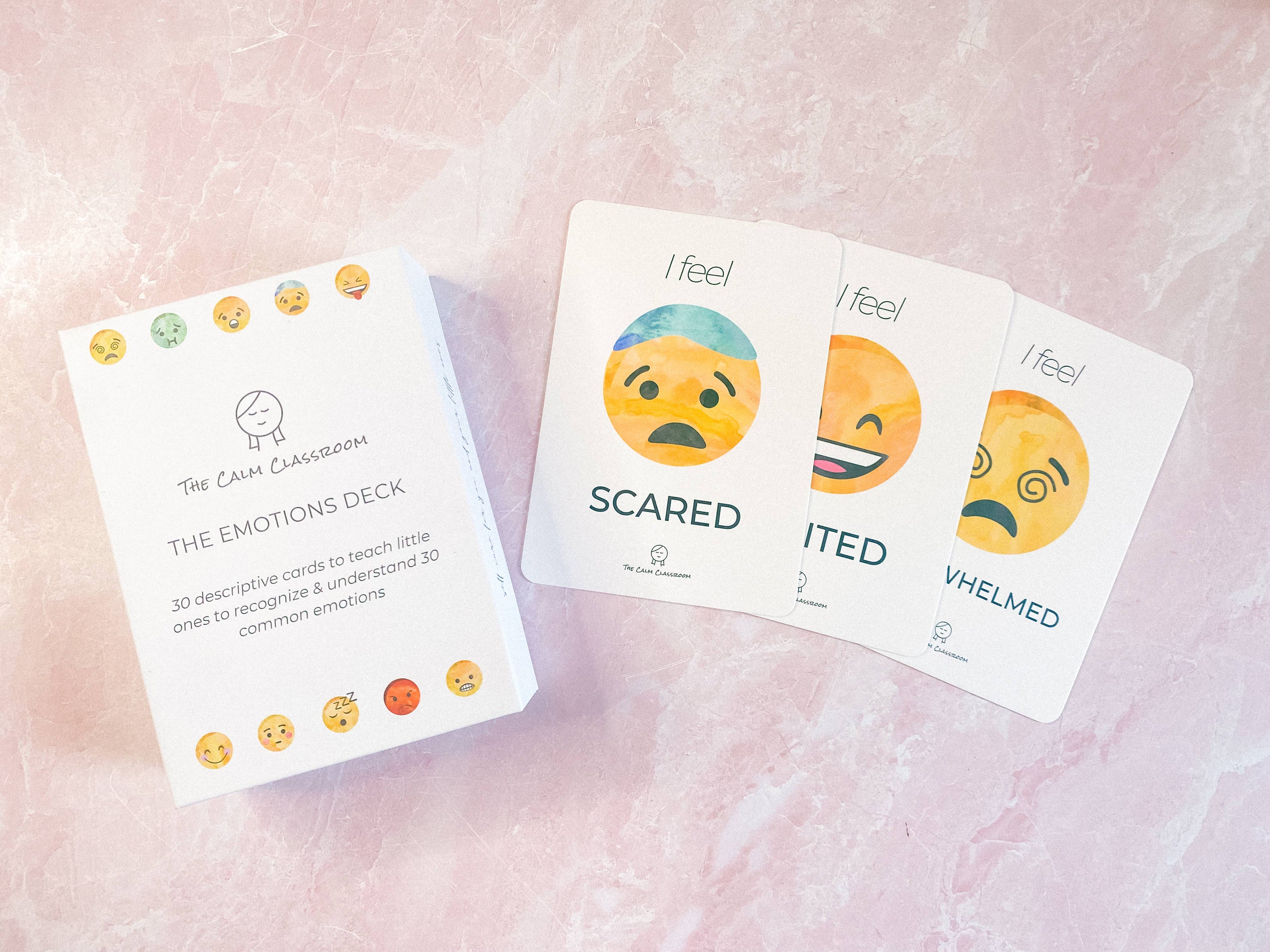 A display of several of the emoji cards expressing certain feelings, including: I feel scared.